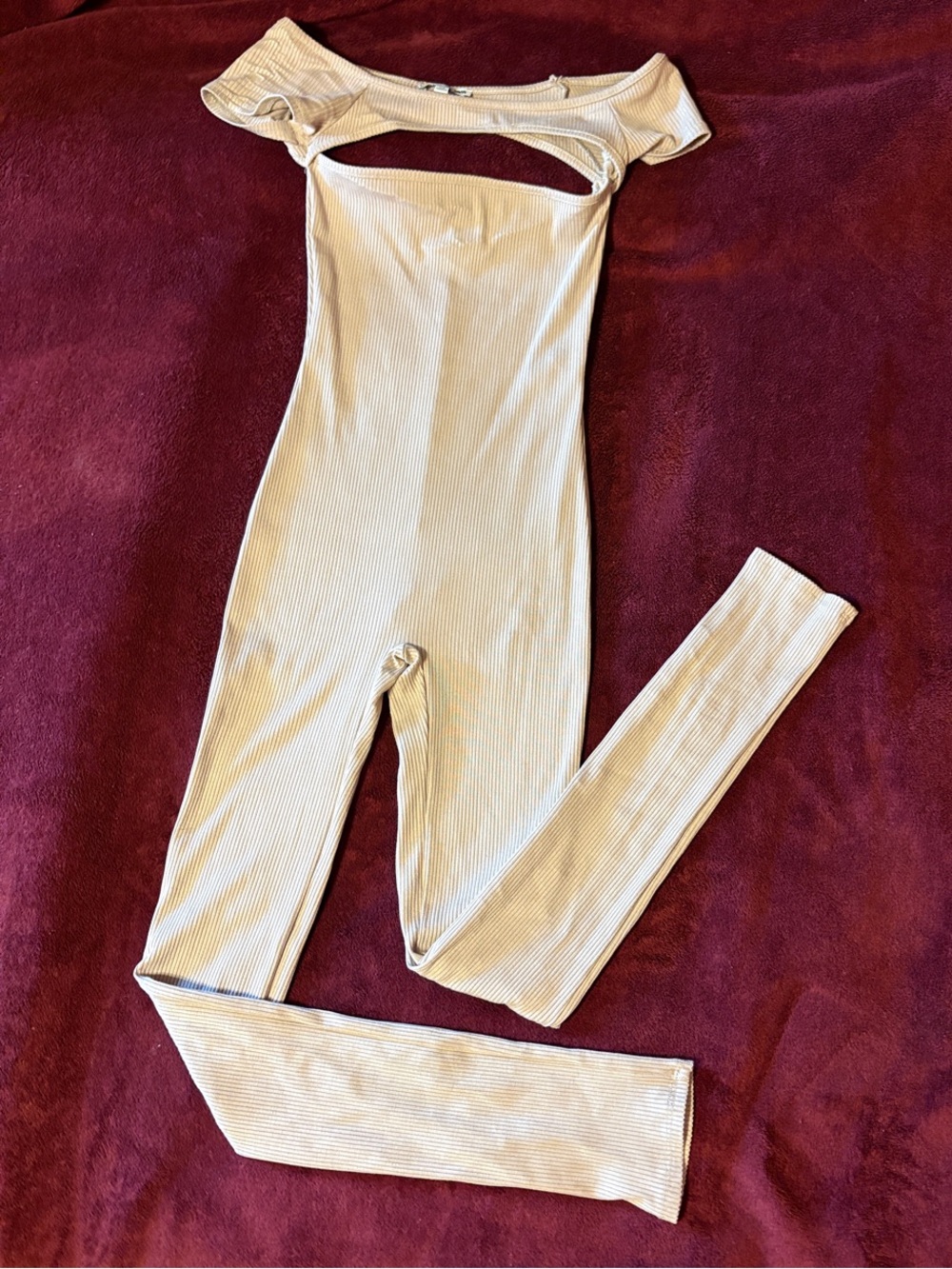 Fashion Nova Ribbed Off-Shoulder Jumpsuit in Beige